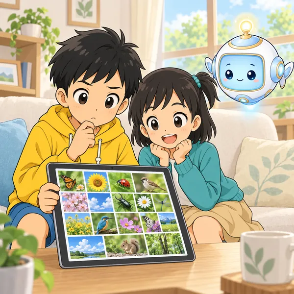 ハルが、いろいろな写真がぎっしり並ぶタブレットの画面で写真をさがしている。