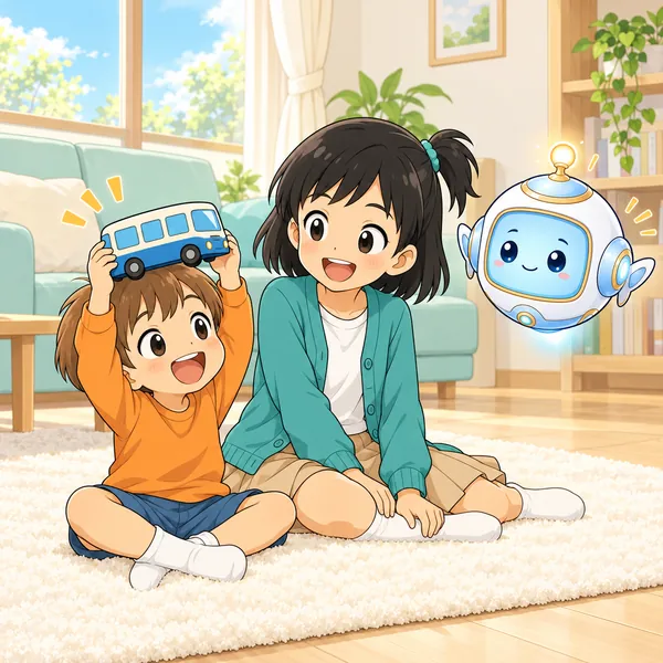 ミオの弟が、おもちゃのバスを持ち上げて目をかがやかせている。