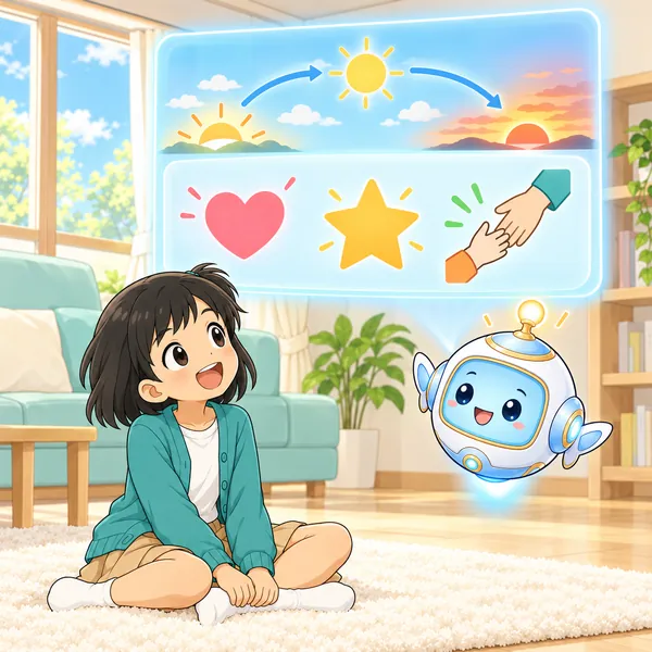 AIロボットが、一日の太陽の動きと、ハート・星・手助けのマークを見せている。