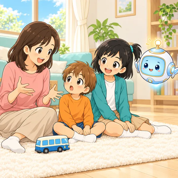 ミオの母が話し、弟がおどろいている。