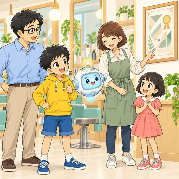 美容師が壁の額を指して、学校で学び試験に受かったことをハルに話している。