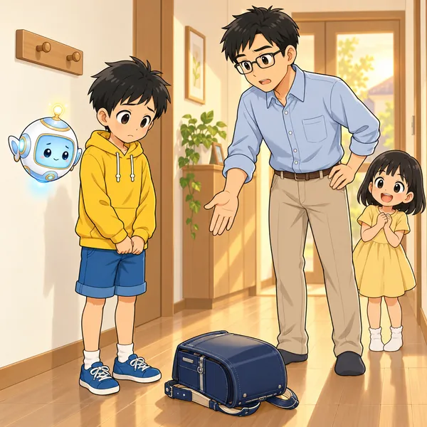 ろうかにランドセルが置きっぱなしで、ハルが父にしかられている。