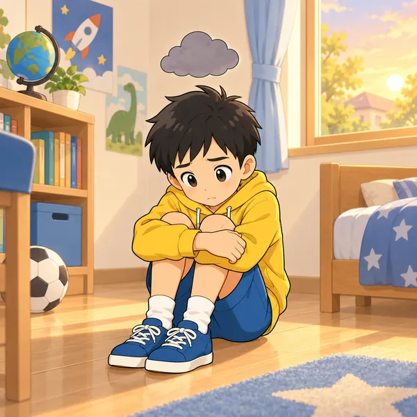 ハルが自分の部屋で、ひざをかかえて小さくなっている。