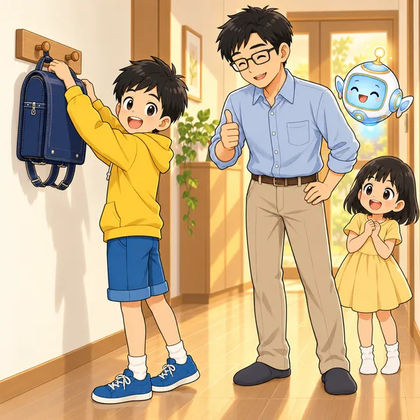 ハルがランドセルをフックにかけ、父と妹が笑顔で見ている。