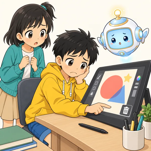 ハルが作ったポスターがうまくいかず、がっかりして削除ボタンに手をのばしている