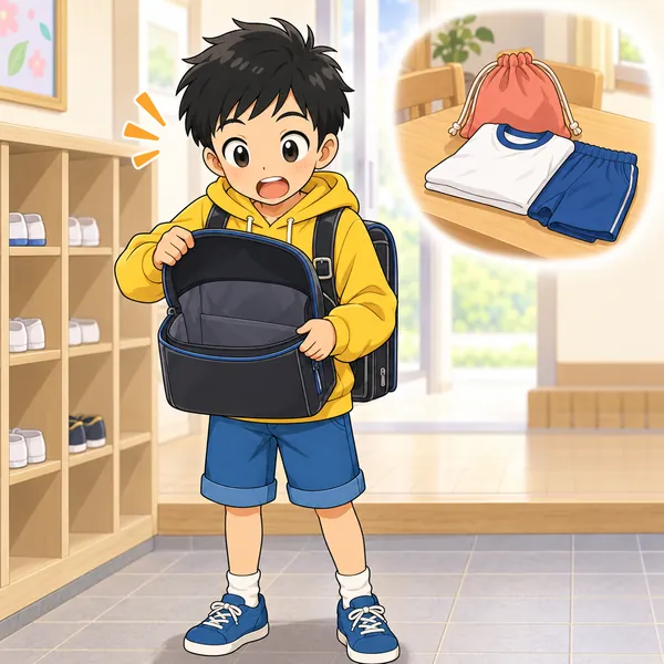 学校の玄関。ハルが「あっ」という顔で、体育着を家に忘れたことに気づいている