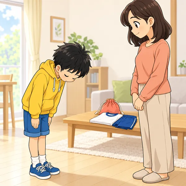 家。ハルが「ごめんなさい、今度は気をつけます」と反省している様子で、大人(お母さん)の前で頭を下げている