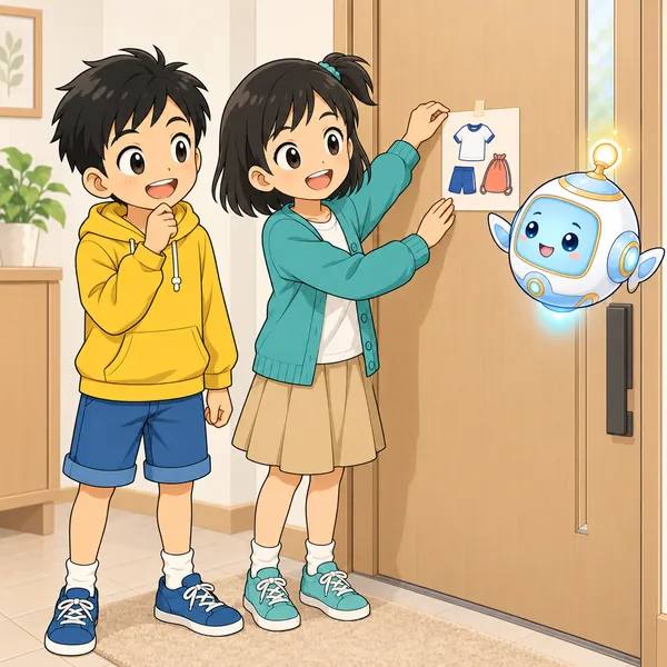 ミオとアイが、玄関のドアに小さなチェックカードを貼るアイデアを見せている