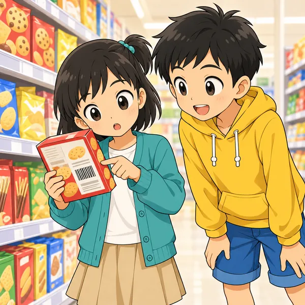 スーパーのお菓子売り場で、ミオがお菓子の箱の裏のしましま模様を見ていて、ハルもとなりにいる。