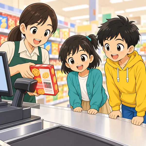 レジで店員さんがお菓子のしましまを読み取り機にかざし、ハルとミオが見ている。