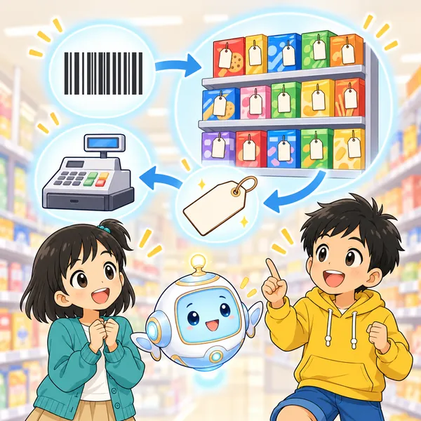 AIロボットが、しましまから商品の台帳へ矢印がのび、値札がレジへもどる図をうかべている。