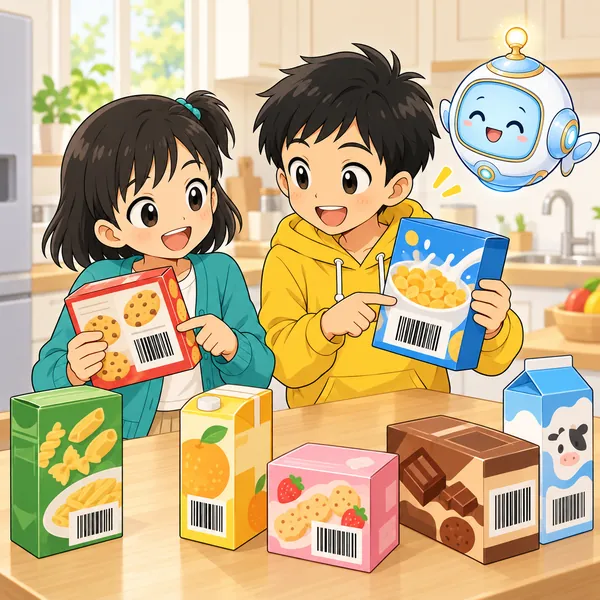 家の台所で、ハルとミオが食品の箱のしましまを見くらべて笑っている。