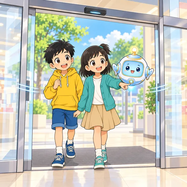 お店の自動ドアが開き、ミオがおどろいて指さしている。