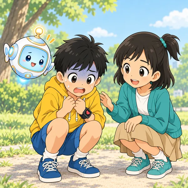 「病気かも」とあわててしゃがむハルの横に、ミオが落ち着いてしゃがんでいる。