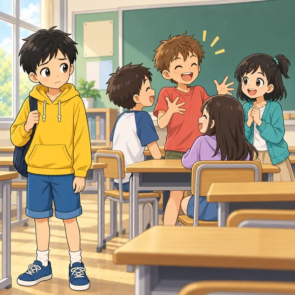 教室。目立つ男の子のまわりに人が集まり、にぎやかに盛り上がっている