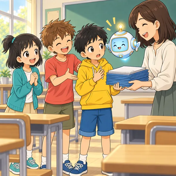 先生とクラスの子が、ハルに大事な仕事をたのんでいる