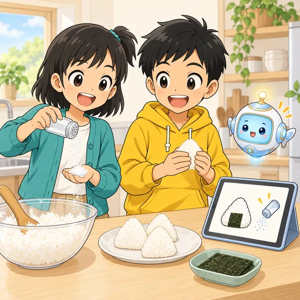 ミオの家の台所で、ミオとハルがおにぎりをにぎり、ミオが塩をたっぷりふっている。