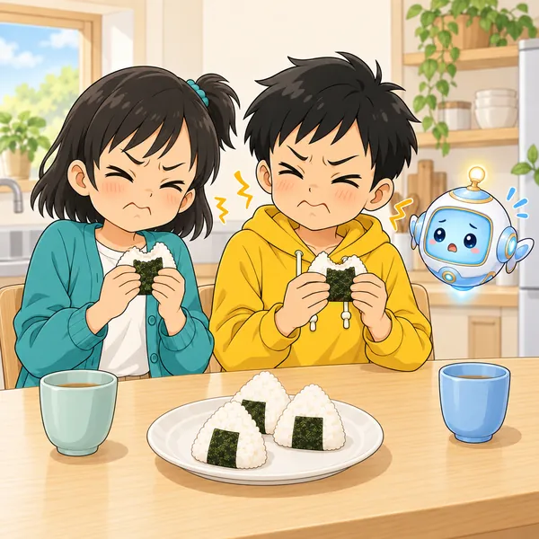 おにぎりを食べたハルとミオが、しょっぱくて顔をしかめている。