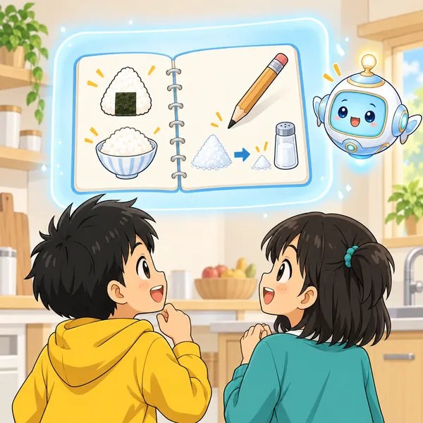 AIロボットが、レシピにメモを書きこむ絵と小さな塩の山を窓に見せている。