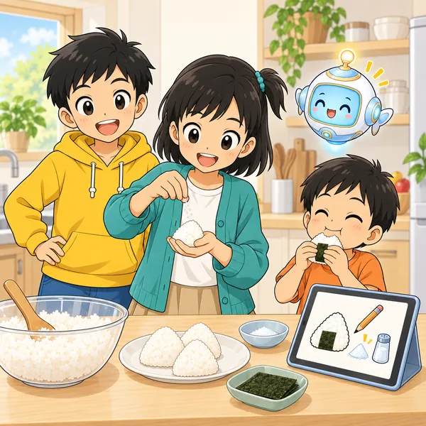 メモを見て塩を少なめにしたおにぎりを、ミオの弟がおいしそうに食べている。