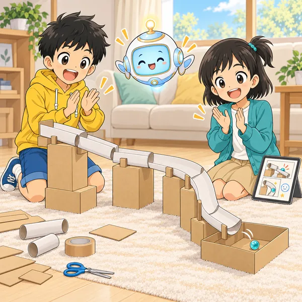 カーブをゆるやかに直すと、ビー玉がゴールに入り、ハルとミオが手をたたいている。