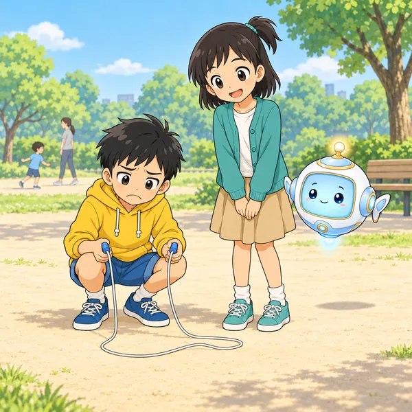 ハルがなわとびを持ってしゃがみ、くやしそうにしている。