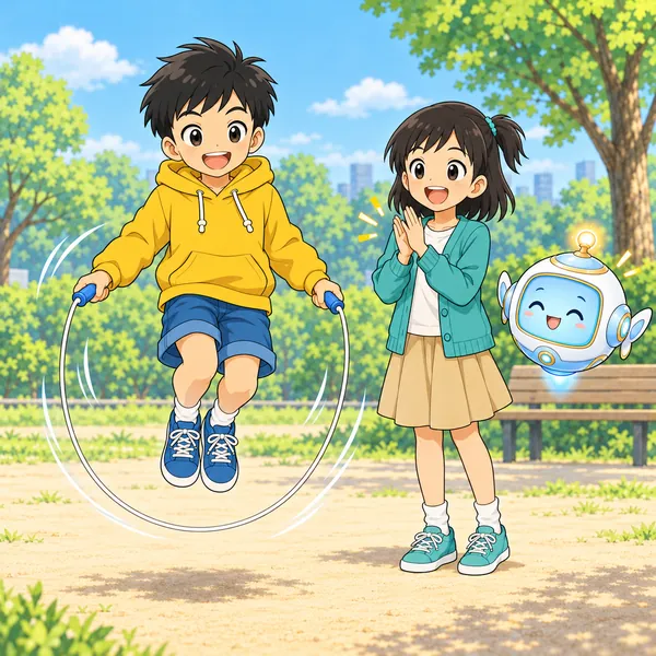 ハルが二重とびをとび、ミオが拍手している。