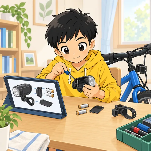 家。ハルがこわれた自転車のライトを、自分で調べながら直そうとしている