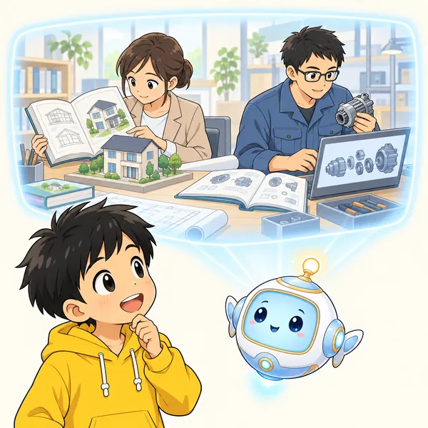 アイが浮かび、大人たちが仕事の場面で調べものをしているイメージをやさしく見せている