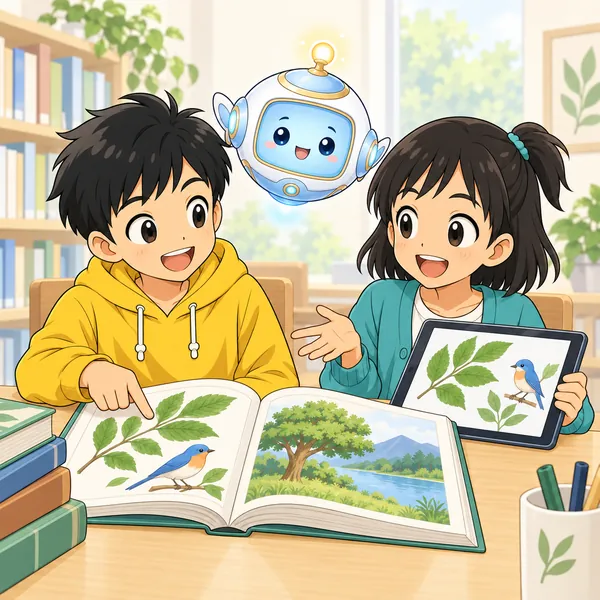 ハルとミオが、調べて分かったことをうれしそうに話し合っている