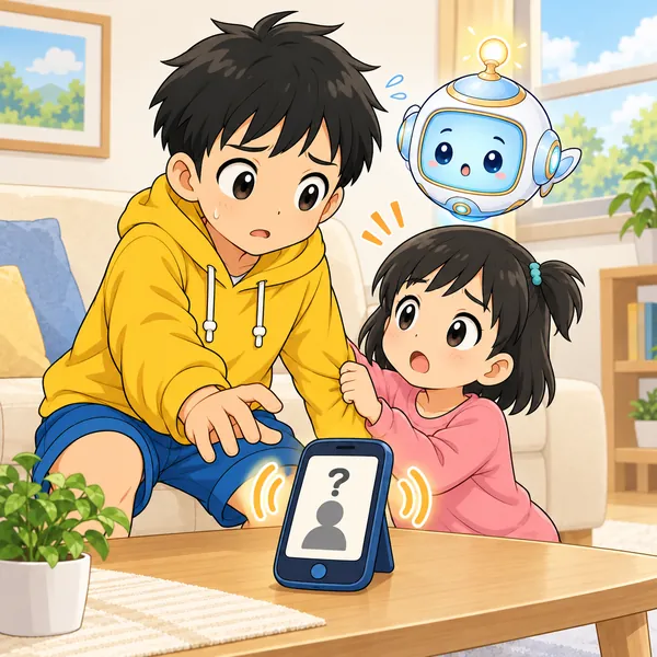 ハルが電話を手に取りかけて迷い、妹がそでをつかんでいる。