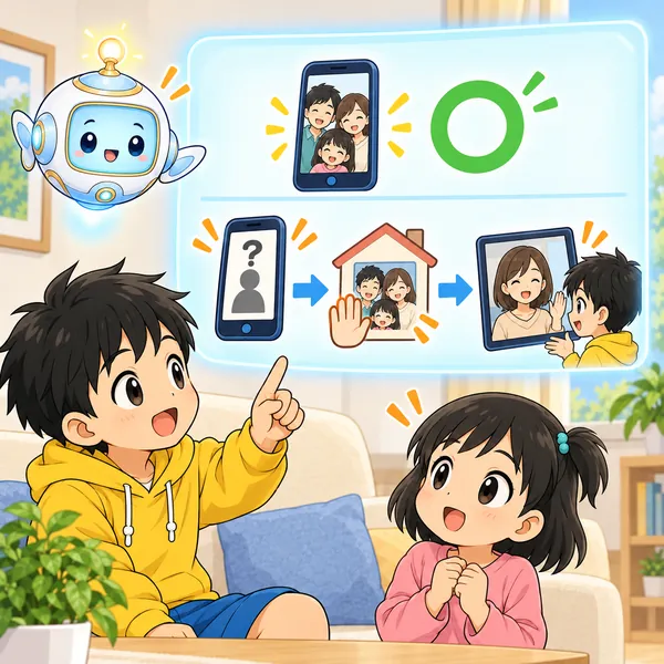 AIロボットが、家族の電話と知らない番号の電話で、どうするかを分けた絵を窓に見せている。