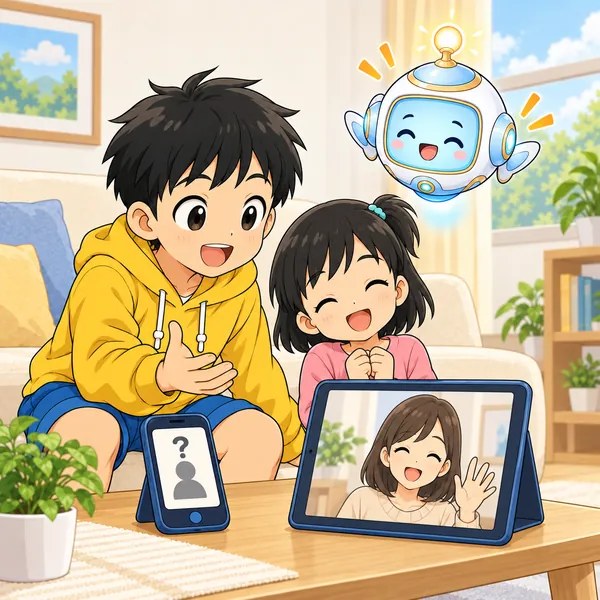 ハルが電話に出ずに、お母さんとビデオ通話で話している。