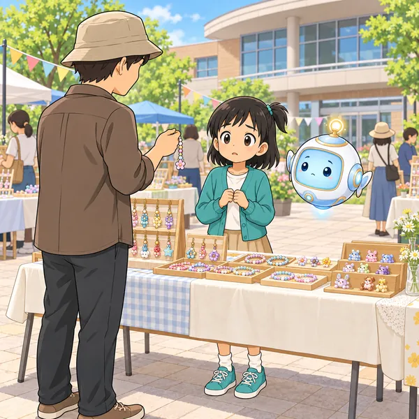 子ども市で、ミオのお店の前に知らない大人の男性が立っている。