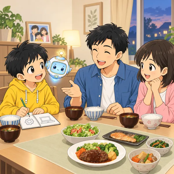 夕食の席。ハルが家の人に仕事の話を聞いて、メモを取っている