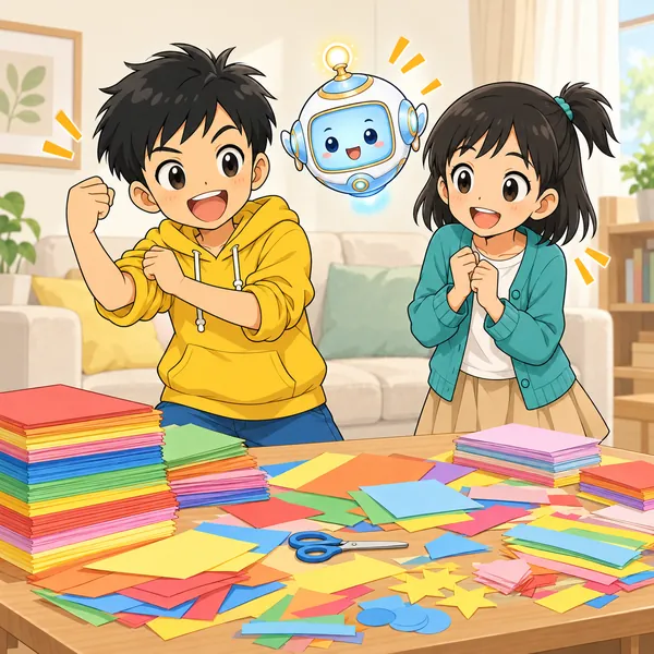 ハルが色紙の山を前に、たくさん作ろうと張りきっている。