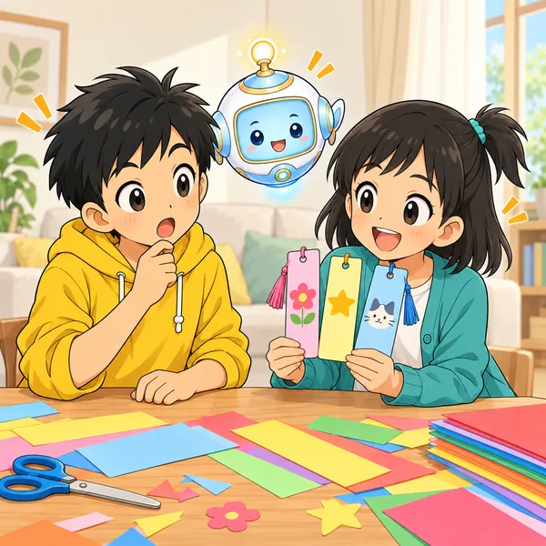 ミオが3種類の見本のしおりを並べて、ハルに話している。