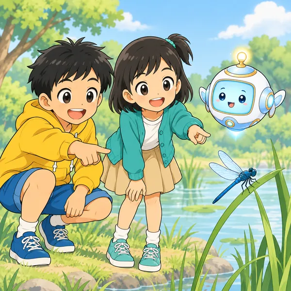 公園の池のそばで、ハルとミオが青いトンボを見つけて指さしている。
