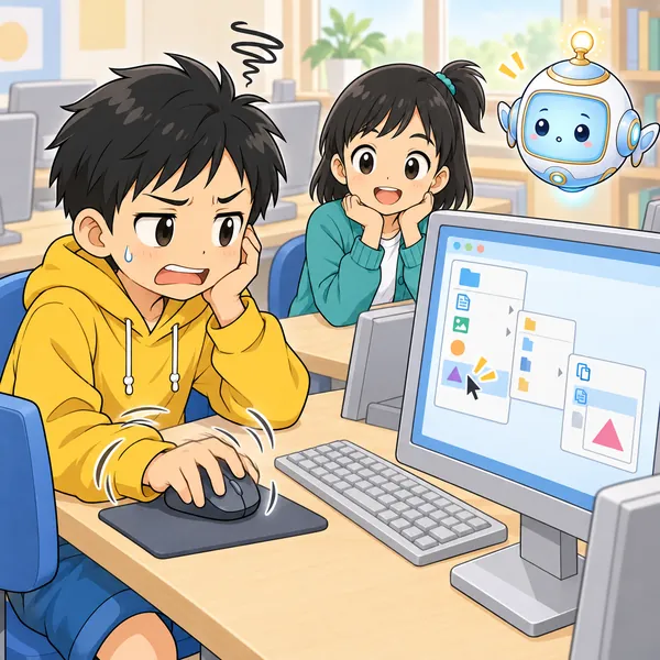パソコン教室。ハルがマウスを何度も動かして、メニューをたどってコピーと貼りつけをしている