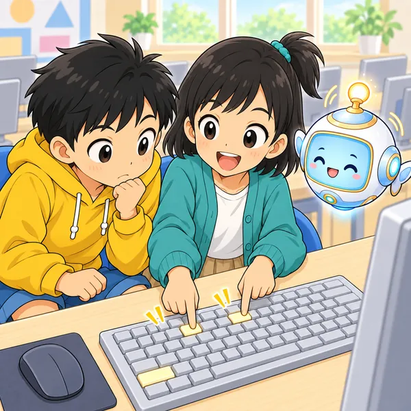 ミオがキーボードの2つのキーを指さして教えている