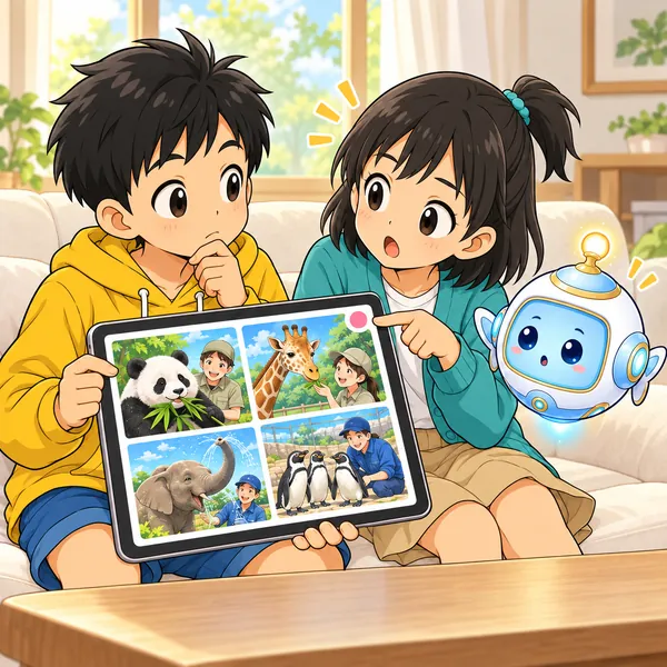 ミオが、ページのすみの作り手の印を指さして、だれが書いたのかを聞いている。