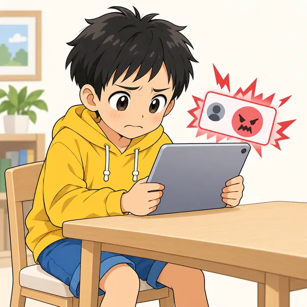 ハルがタブレットで、いやなメッセージを受け取って、けわしい顔をしている