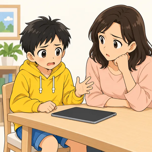 ハルが思わずその画面を消してしまい、あとで説明しようとして言葉につまっている