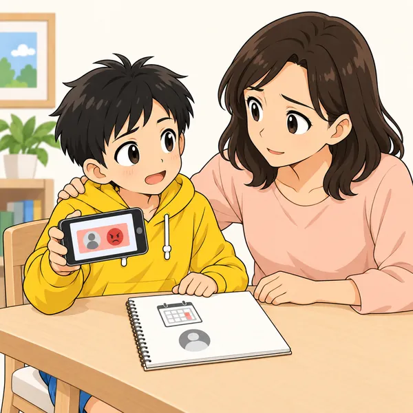 ハルが撮った画面とメモを大人に見せ、大人がしっかり受けとめている