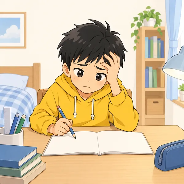 机に向かっているのに集中できず、ハルが自分を責めている
