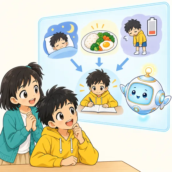 アイが、睡眠・食事・疲れが集中に影響することを図で見せている