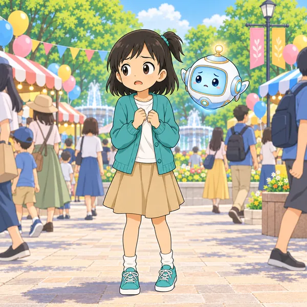 人ごみの中で、ミオがひとりになって不安そうにきょろきょろしている。