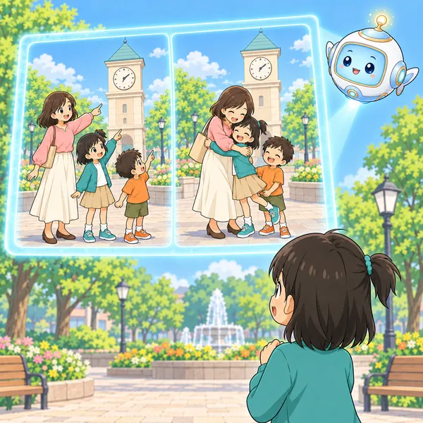 AIロボットが、時計台を集合場所に決める絵と、そこで家族が会えた絵を窓に見せている。