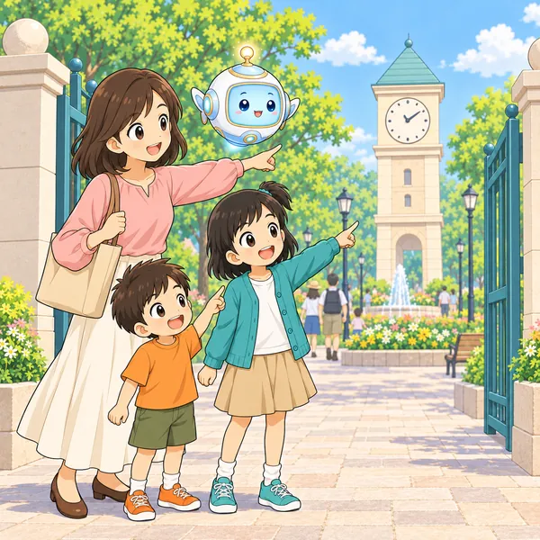 公園の入り口で、ミオとお母さんと弟が時計台を指さして集合場所を決めている。