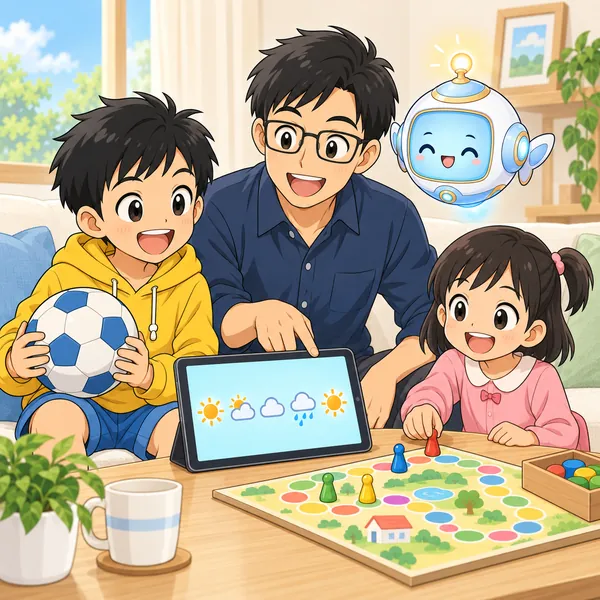 ハルとお父さんと妹が、晴れ用と雨用の両方の遊び道具を用意している。